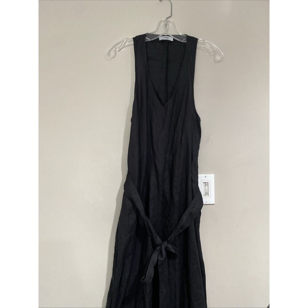 VISIBLE ART Belted maxi dress 100% european linen V Neck lagenlook boho Sz Sm
